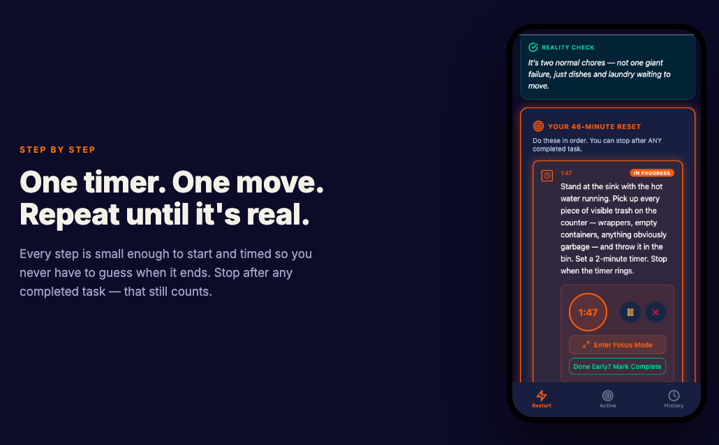 Ignite gives a short, timed reset with one concrete action.